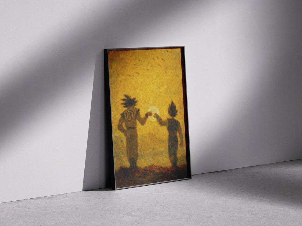 Saiyan Duo Wall Art – Legendary Warriors Fist Bump Poster | Anime Room Decor Print