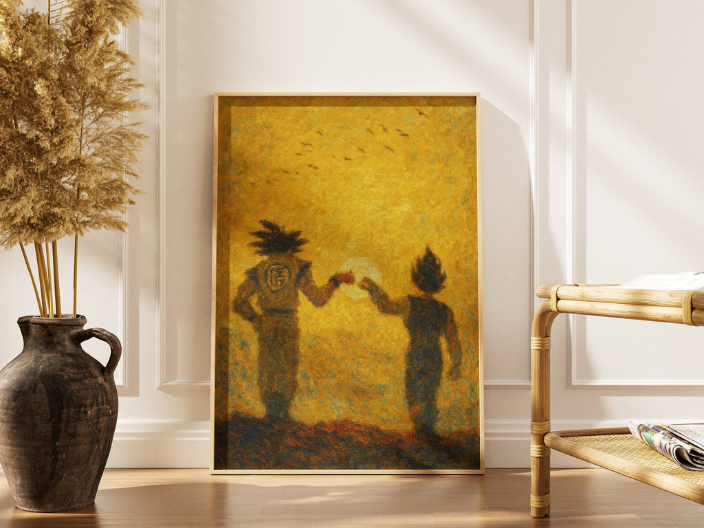 Saiyan Duo Wall Art – Legendary Warriors Fist Bump Poster | Anime Room Decor Print